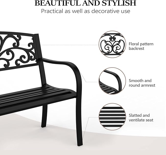 VINGLI Outdoor Bench for Patio Metal Garden Bench w/PVC Back Pattern - Image 4