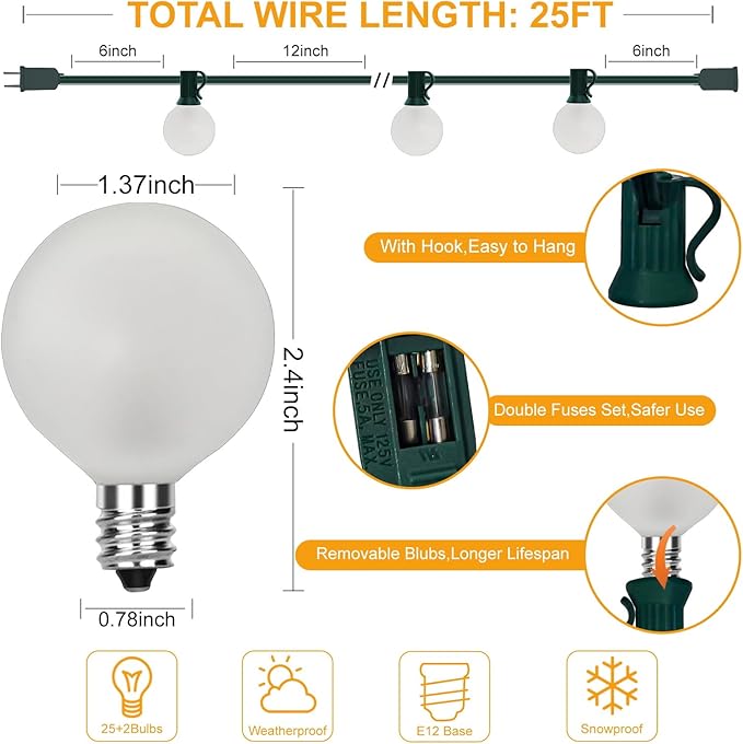 String Lights, 25 FT Outdoor G40 Globe with Green Wire