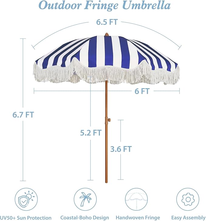 AMMSUN Boho Fringe Umbrella Outdoor Patio, 6.5ft UPF50+ Picnic Umbrella - Image 7