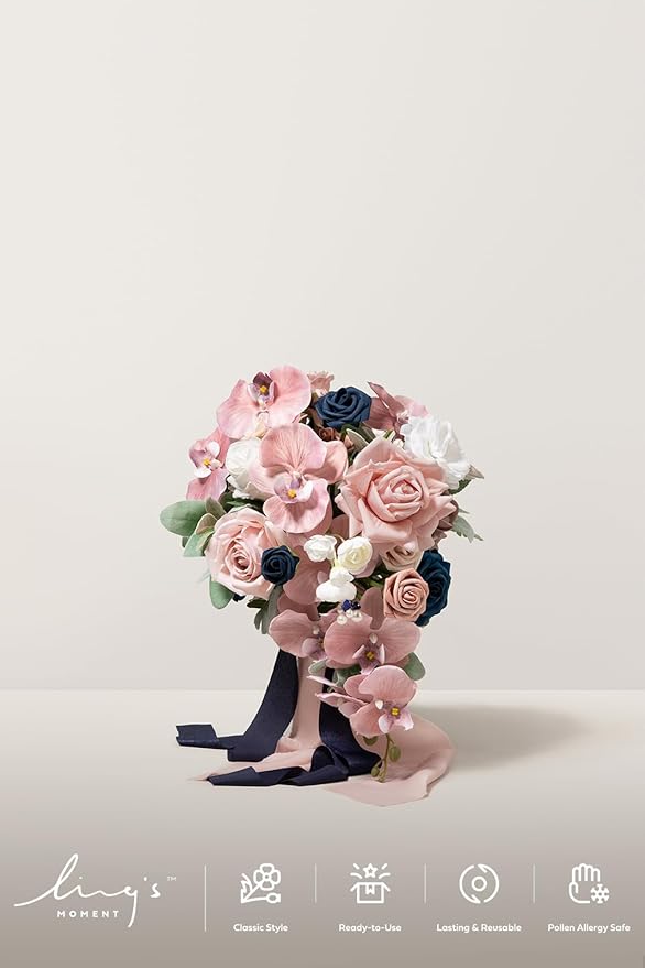 Artificial Flowers Bridal Bouquet, Dusty Rose and Navy Cascade