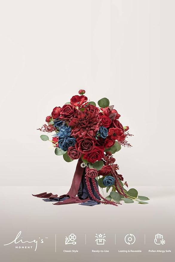 Artificial Flowers Cascading Bridal Bouquet, Burgundy Navy Blue, 15in