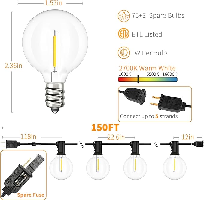 String Lights 150 FT Warm White LED with 75 Shatterproof Bulbs