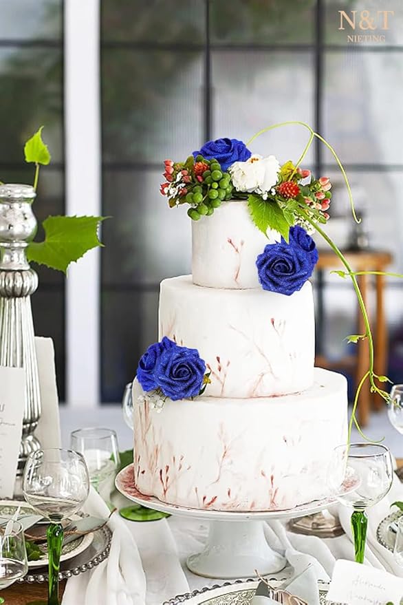 Artificial Flowers, 50 Glitter Blue Foam Roses with 8.2-Inch Stems
