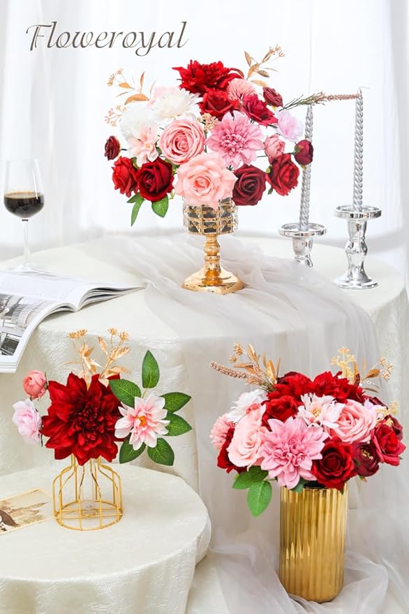 Artificial Flowers Set Red and Pink Silk Roses Dahlias with Wired Stems