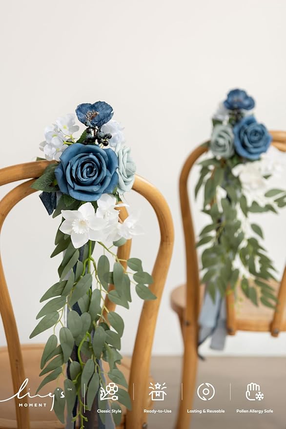 Artificial Pew Flowers, 8 Pieces, Dusty Blue and Navy Wedding Aisle Decor