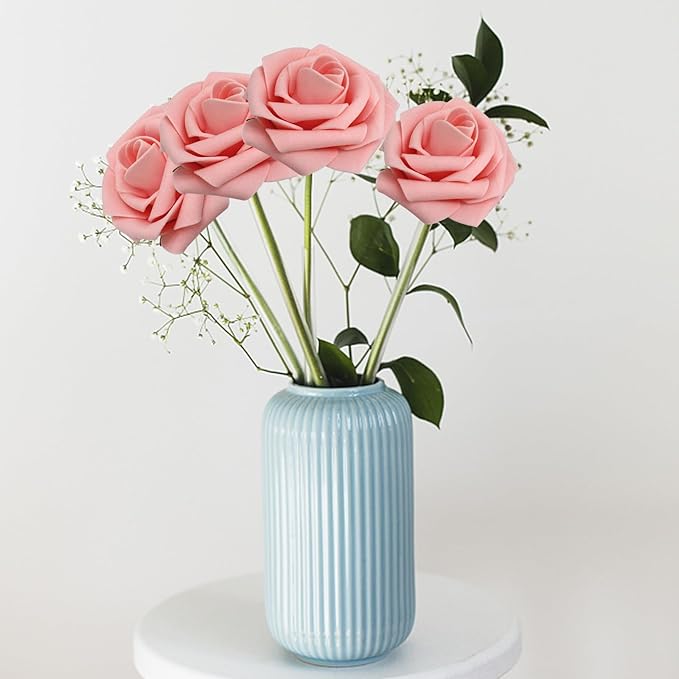 Artificial Flowers: 200 Pink Roses with 100 Leaves, Wired Stems