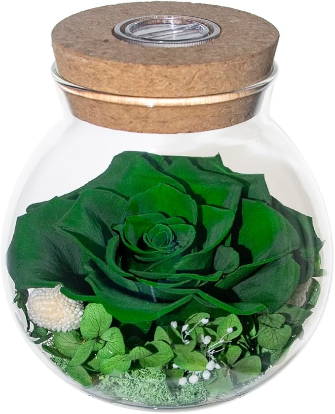 Artificial Preserved Rose Bottle with Color-Changing LED Light, Green