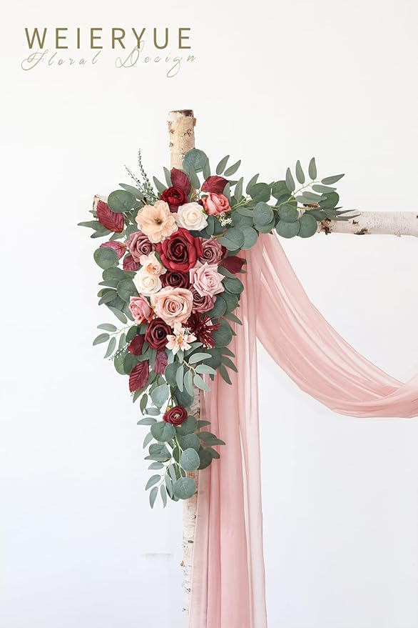 Artificial Flowers Wedding Arch Swag Kit in Cream Red with Chiffon Drape