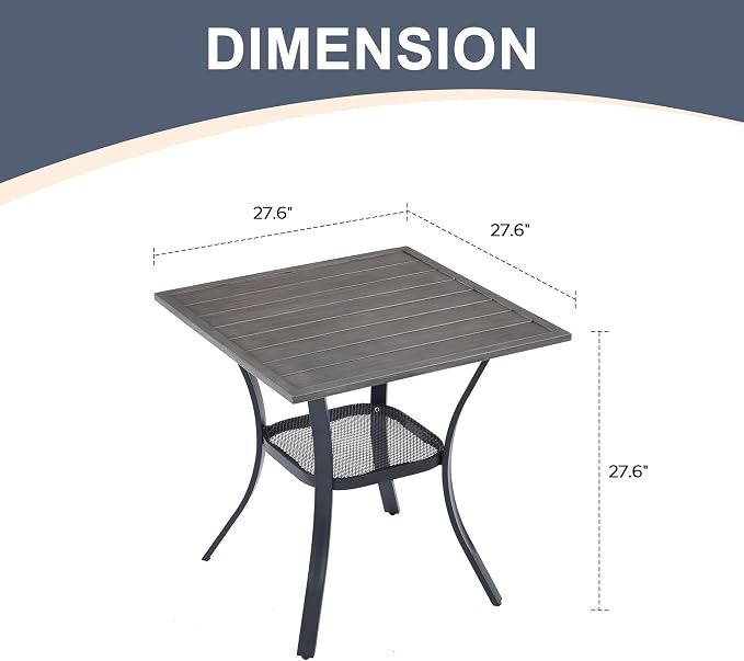 Metal Square Patio Dining Table with Bottom Shelf, 27.6-Inch Grey