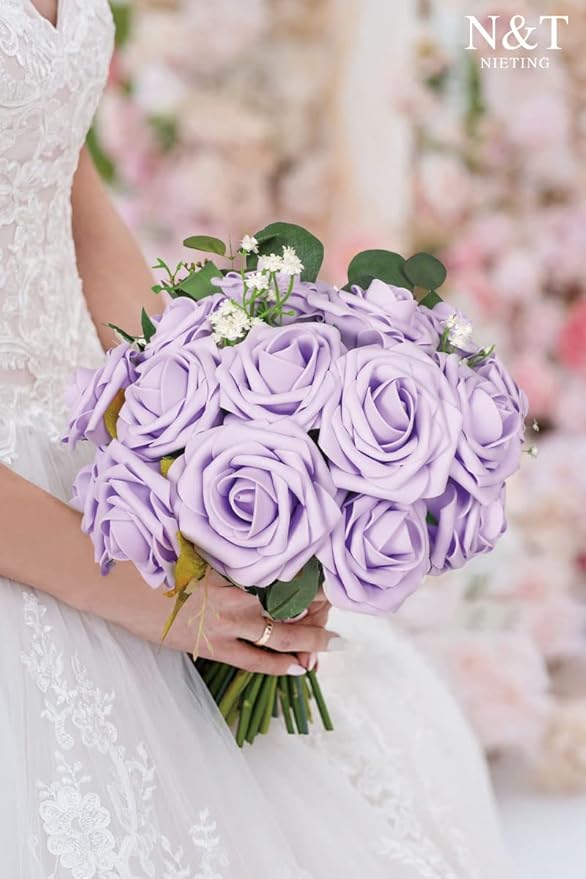 Artificial Flowers, 50 Count Lavender Latex Foam Roses with Wire Stems