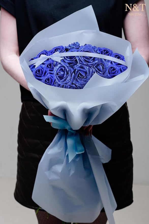 Artificial Flowers, 50 Glitter Blue Foam Roses with 8.2-Inch Stems