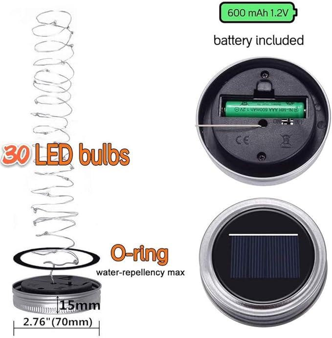 String Lights for Mason Jars, 12 Pack Solar 30 LED Waterproof