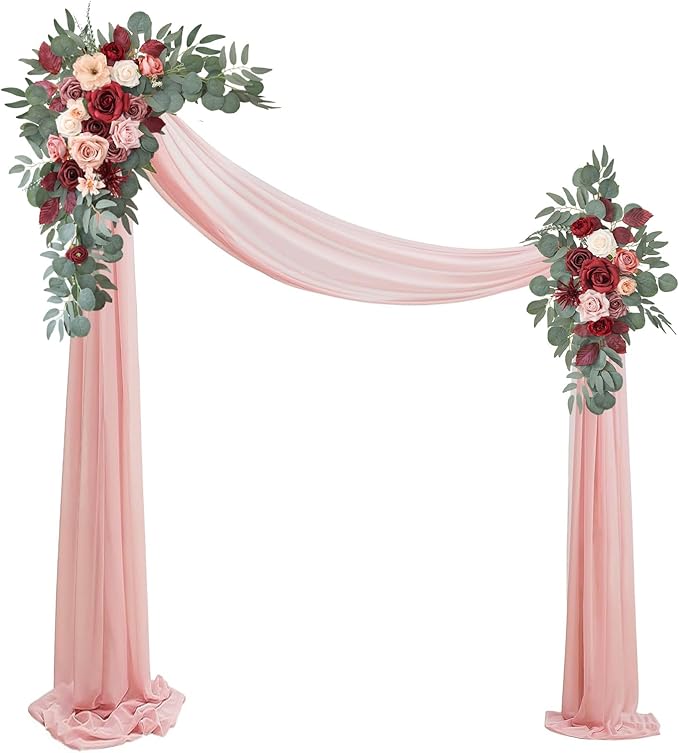 Artificial Flowers Wedding Arch Swag Kit in Cream Red with Chiffon Drape