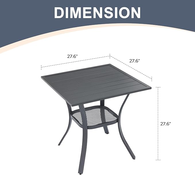 Square Metal Patio Bistro Table, 27.6-Inch Dark Grey with Bottom Shelf
