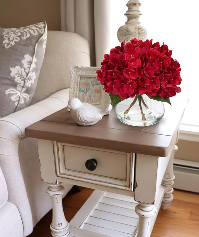 Artificial Hydrangea Flowers with Glass Vase, Red Silk, 4 Heads