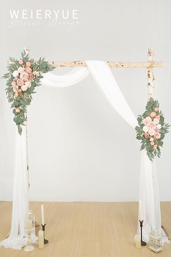 Artificial Flowers Wedding Arch Kit, Romantic Pink with White Chiffon Drape