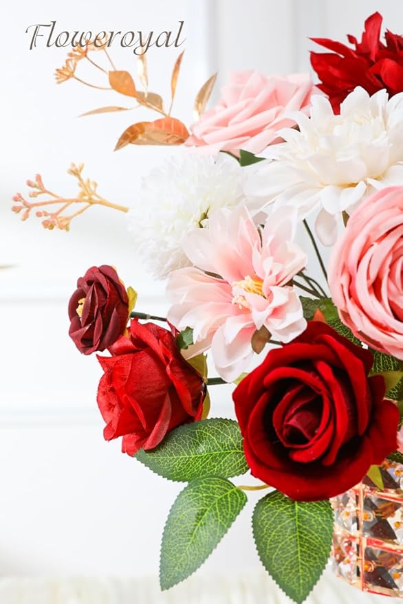 Artificial Flowers Set Red and Pink Silk Roses Dahlias with Wired Stems