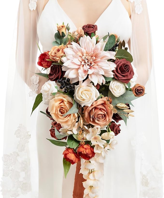 Artificial Flowers Bridal Bouquet, Terracotta Cascade, Silk