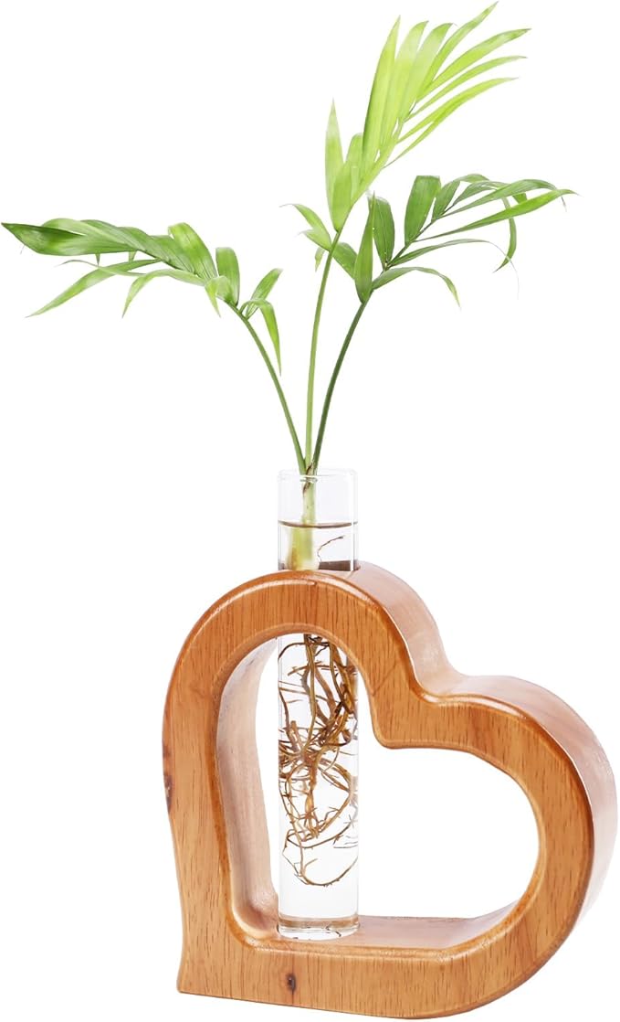 Terrarium Heart Shaped Glass Tube Plant Stand, Pine Wood, Brown