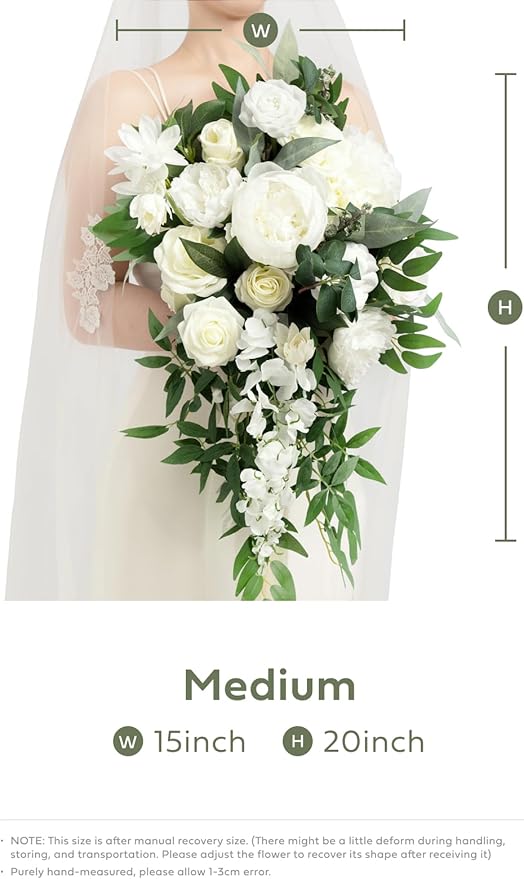 Artificial Flowers Bridal Bouquet, Ivory Silk Cascade with Pearls, 15in