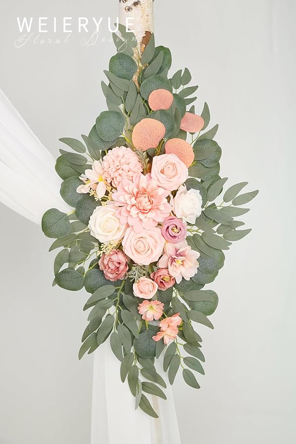 Artificial Flowers Wedding Arch Kit, Romantic Pink with White Chiffon Drape