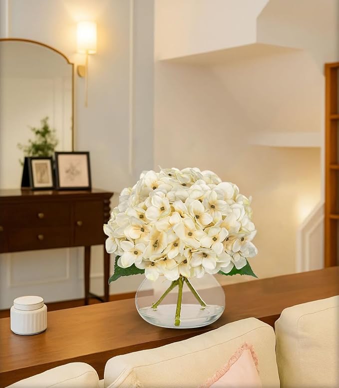 Artificial Hydrangea Flowers with Glass Vase, White Silk Fall Arrangement