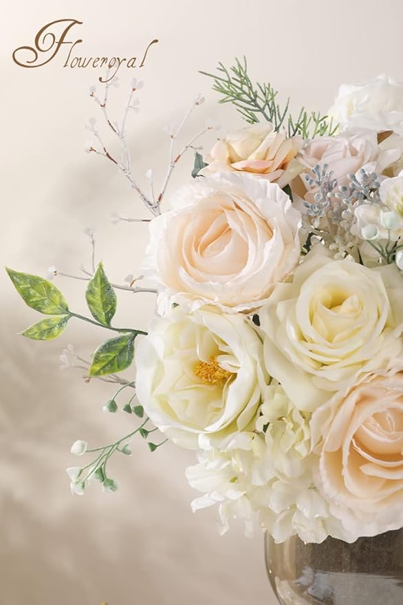 Artificial Flowers Set White Silk Mix, 18 Pieces with 30 Plastic Stems