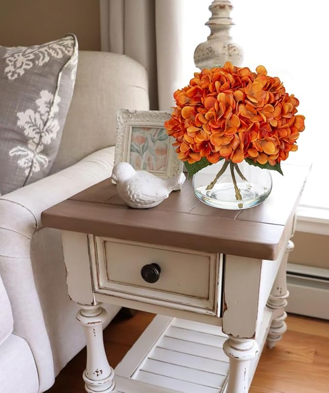 Artificial Fall Hydrangea Flowers with Glass Vase, Orange Silk, 9 x 9.5 in