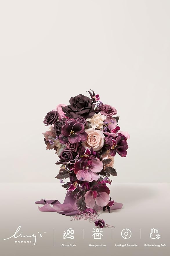 Artificial Flowers Bridal Bouquet, Deep Plum Silk Cascade, 13 Inch Wide