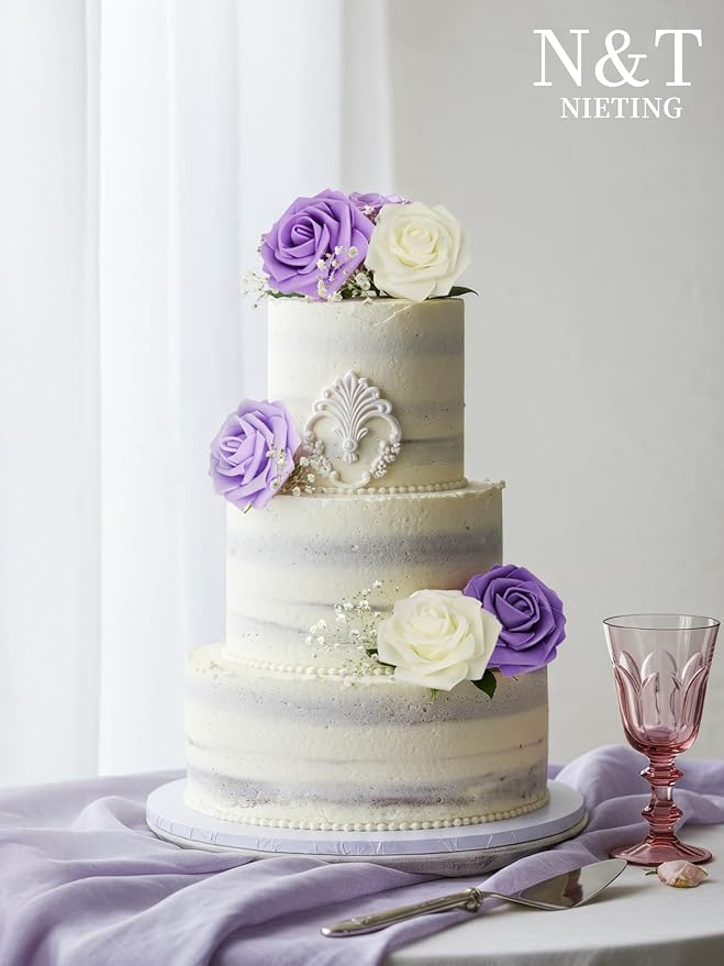 Artificial Flowers, 50 Purple Foam Roses with Stems and Leaves
