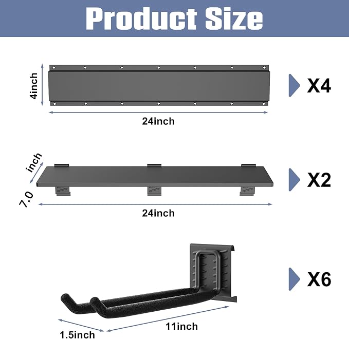 Storage Rack for Garden Tools, 6 Hooks and Metal Shelves