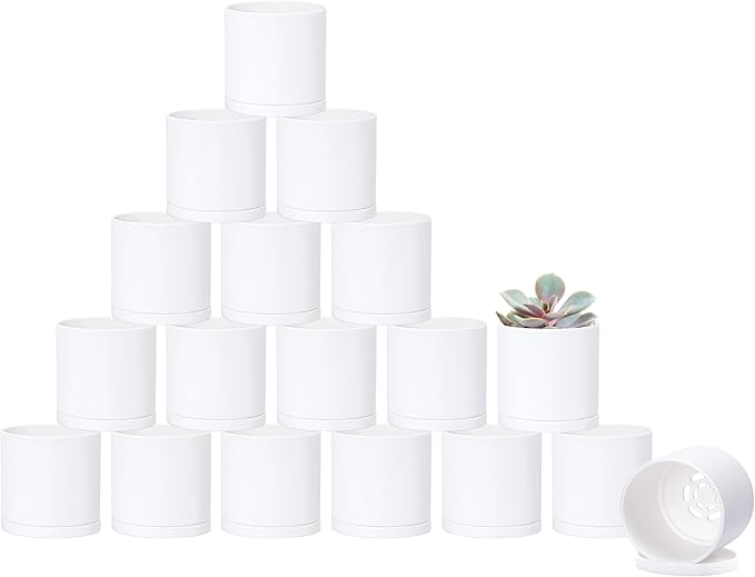 Planter Pots, 18 Pack Matte White 2.5 Inch Plastic with Saucers