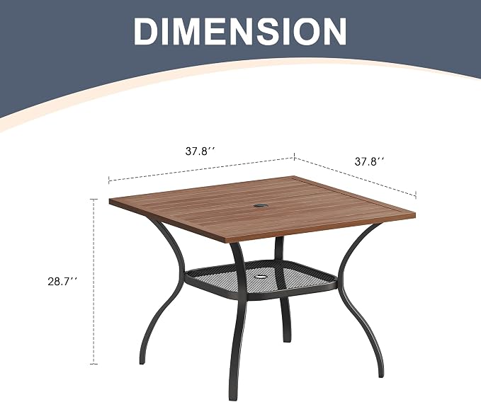 Dining Table for 4 Square Metal Patio Table with Umbrella Hole, Walnut
