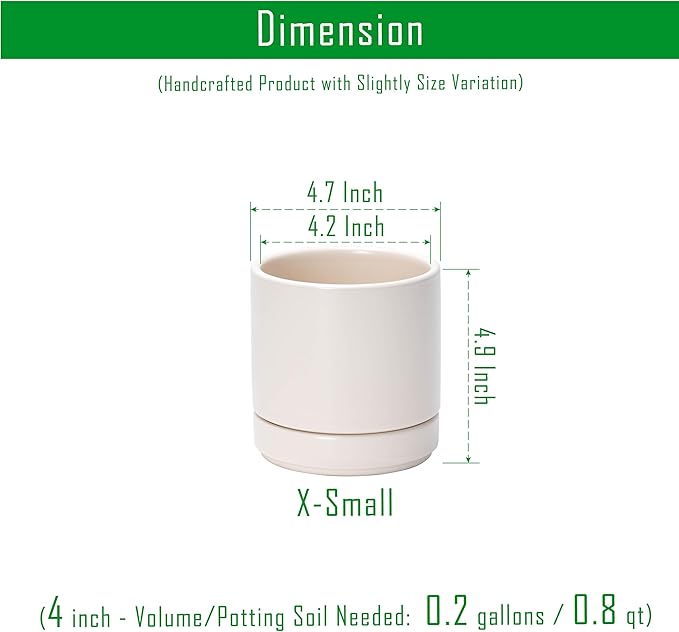 Planters, Set of 4 Small Round Ceramic Pots in Oatmeal with Saucers
