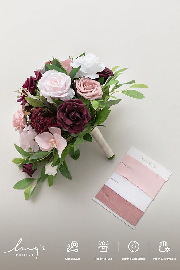 Artificial Flowers Cascading Bridal Bouquet, Marsala and Blush Silk Roses