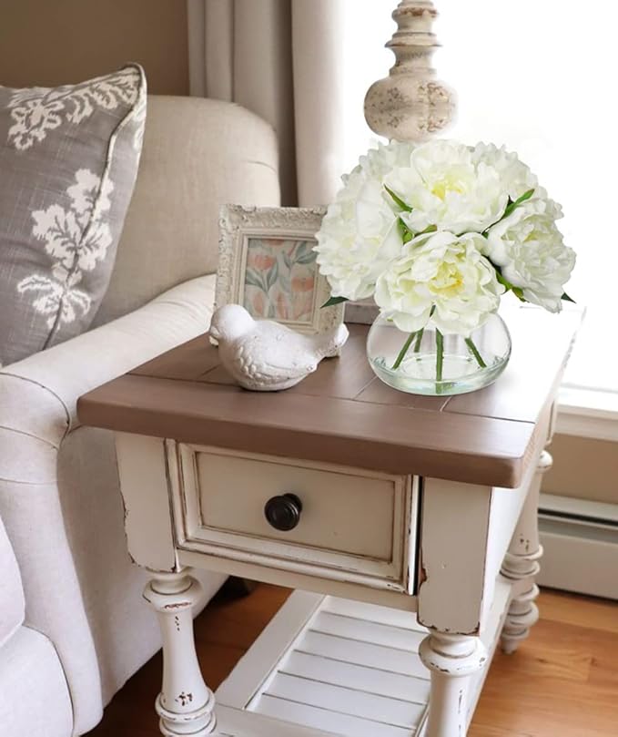 Artificial Peony Flower Arrangement with Glass Vase, White Silk