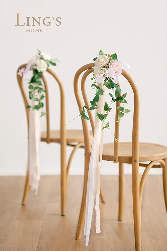 Artificial Wedding Aisle Pew Flowers, 8 Pcs Blush and Cream with Ribbon