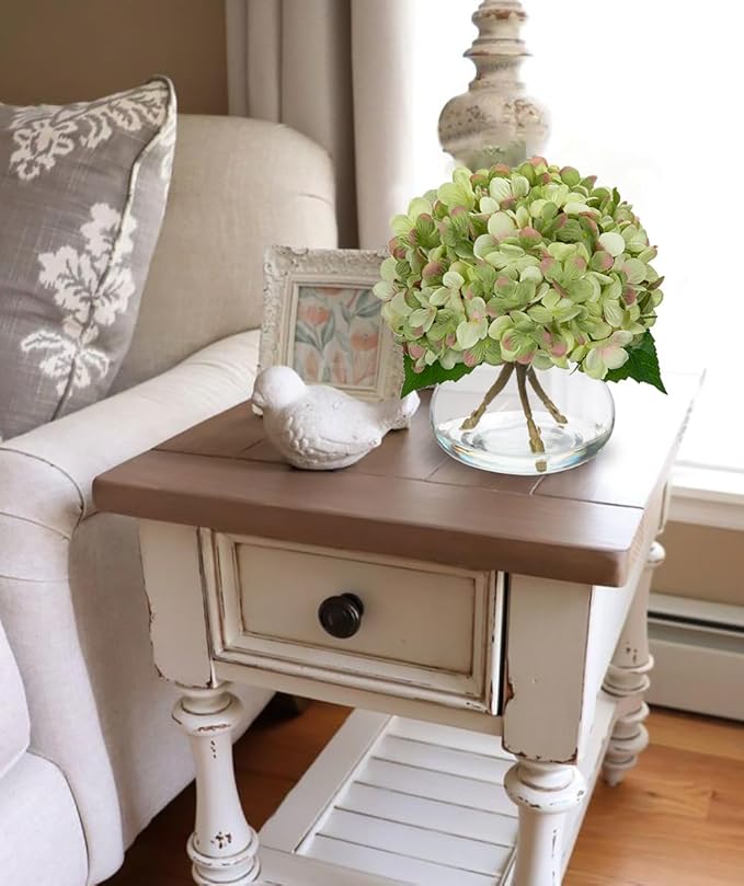 Artificial Flowers: Dark Green Silk Hydrangea Arrangement with Glass Vase