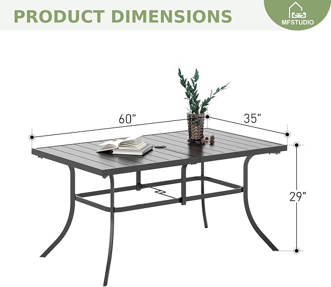 Rectangle Metal Patio Dining Table for 6 with Umbrella Hole, Black