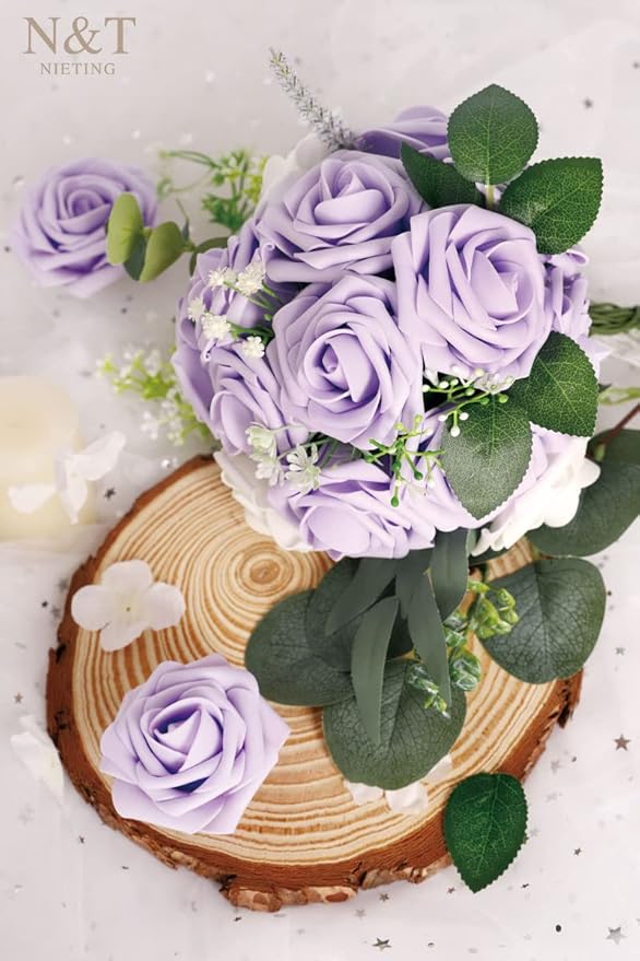 Artificial Flowers, 50 Count Lavender Latex Foam Roses with Wire Stems