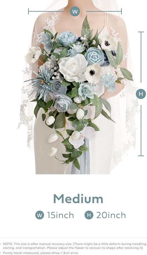 Artificial Bridal Bouquet, Dusty Blue Cascade with Pearls, 15 Inch