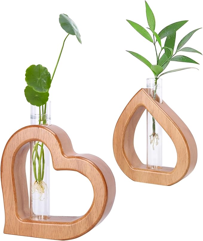 Terrarium Wall Planter, 2-Piece Heart-Shaped Pine Stand with Glass Tube