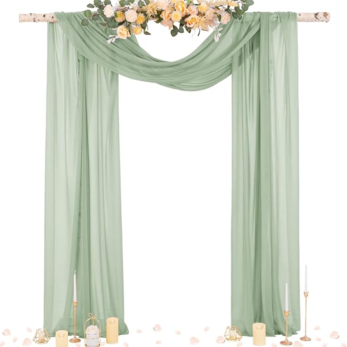 Outdoor Curtains Sheer Chiffon Arch Drapes in Sage Green, 4 Panels 29 x 20 Ft