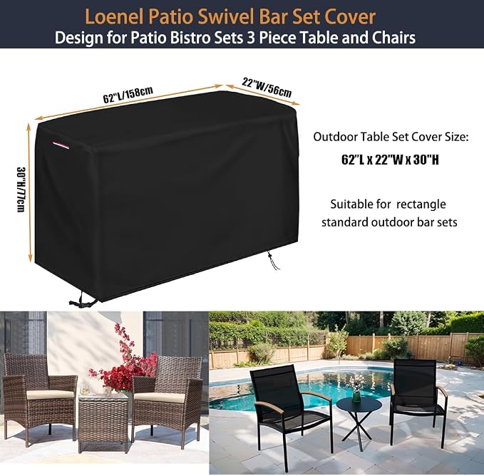 Furniture Set Cover for 3-Piece Bistro Set, Black Waterproof Polymer