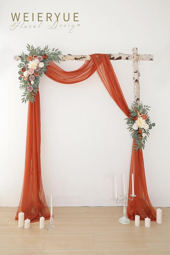 Artificial Flowers Wedding Arch Swag Kit, Burnt Orange, with Chiffon Drape
