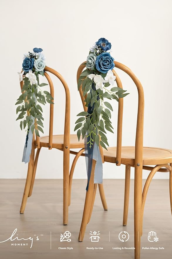 Artificial Pew Flowers, 8 Pieces, Dusty Blue and Navy Wedding Aisle Decor