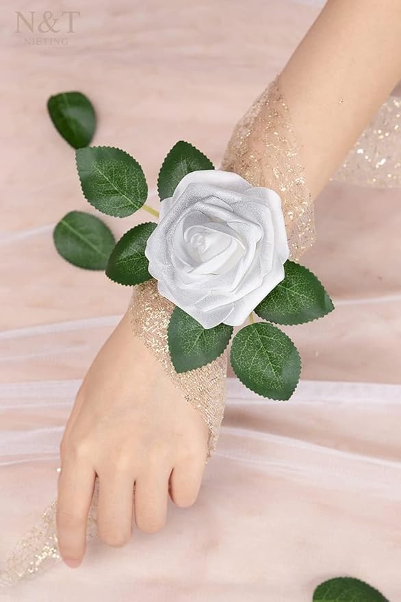 Artificial Flowers, 50 Silver White Foam Roses with Bendable Stems