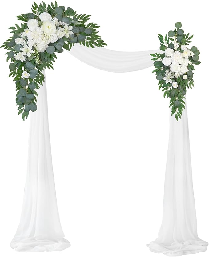 Artificial Flowers Arch Swag Set, 2 Swags and Chiffon Drape, Fairy White