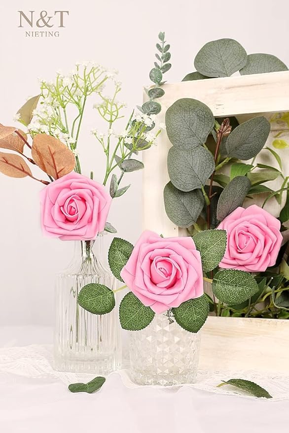 Artificial Flowers, 50 Light Pink Foam Roses with Bendable Stems