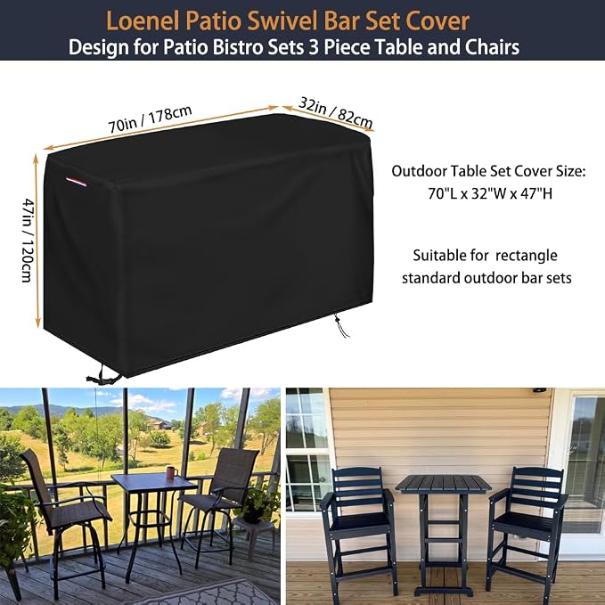 Bar Height Patio Set Cover, Black Waterproof 600D Polyester, 70 x 32 x 47 in
